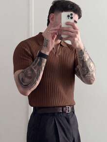 Men's Ribbed Airplane Collar Polo Knit Shirt, Short Sleeve, Summer Fashion - Brown - View 2