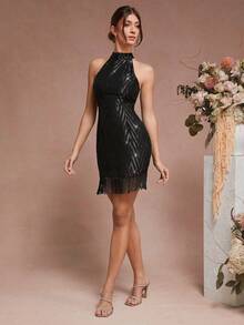 xhexheL'Amorae Vestido de cuello halter con estampado jacquard y dobladillo con flecosxhexhe - Negro - Ver 1