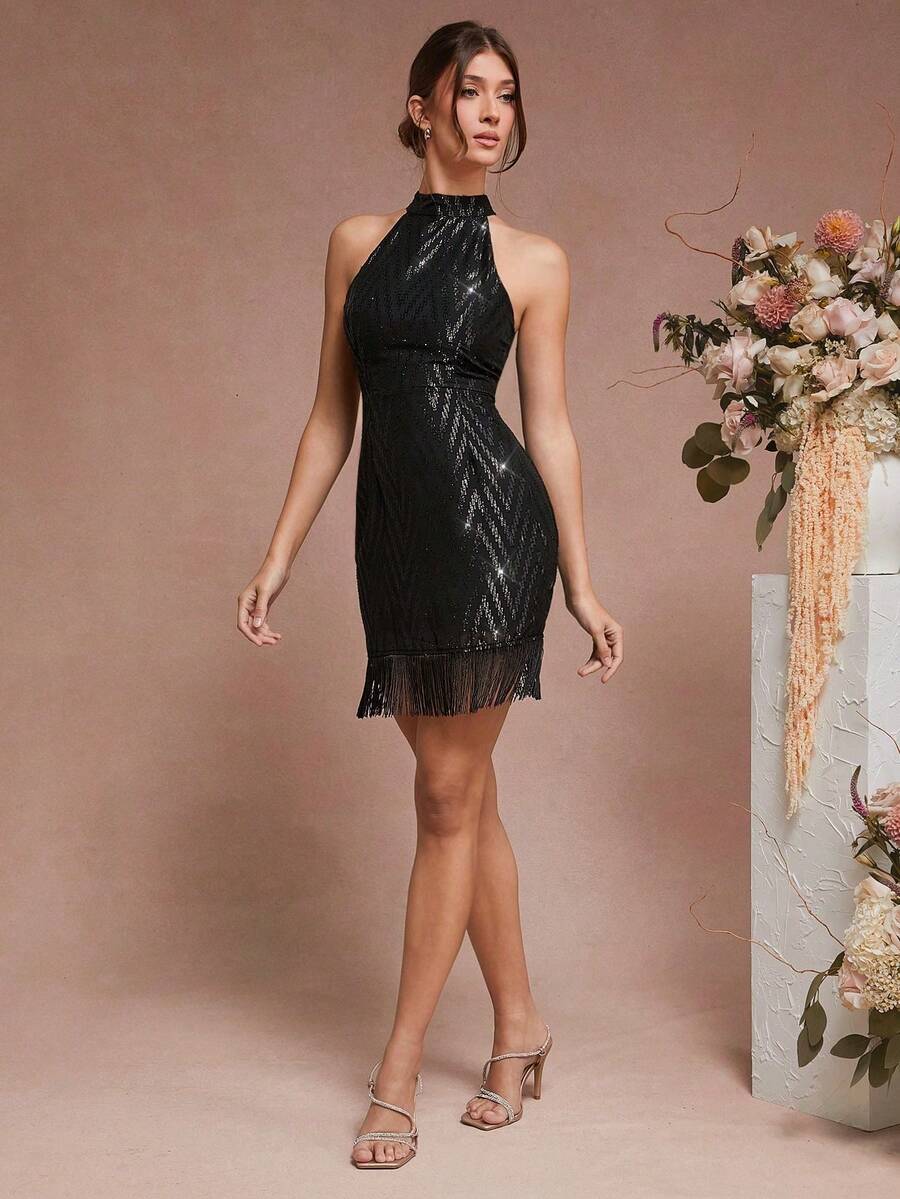 xhexheL'Amorae Vestido de cuello halter con estampado jacquard y dobladillo con flecosxhexhe - Negro - Ver 1