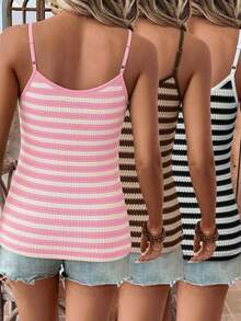 Women's Pineapple Striped Knit Low Elasticity V-Neck Lace Trim Camisole - Black and White + Pink Apricot + Camel Brown - View 6
