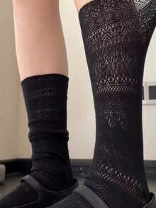 Summer Thin Solid Color Hollow Out Women's High Knee Socks Lace Slouchy Socks Slimming Black White Women's Socks - Multicolor - View 6