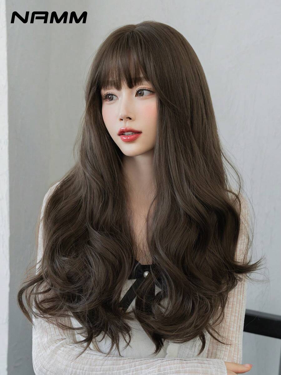NAMM 24 Inch Long Wavy Brown Wigs With Bangs Loose Wave Curly Synthetic Hair Natural Looking High Density Heat Resistant Fiber Fringe Wigs For Women Girl Daily Party Beginners Use