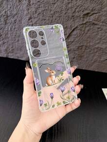 1pc Transparent TPU Watercolor Rabbit & Purple Flower Pattern Four-Corner Anti-Drop Integrated Card Holder Phone Case, Forest Style Artistic Watercolor Design, Fashion Versatile Creative Personalized Full Coverage Phone Case, Protective Dustproof Waterproof Soft Shell Compatible With Samsung// - Multicolor - View 3