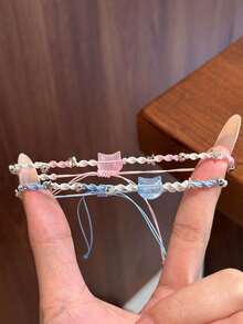 2pcs Ins Style Woven Hand Rope Pink & Blue Cat Pendant Bracelet, Gift For Couples And Besties - Light Pinkish Blue - View 3