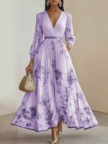 Large European-Style Printed Holiday Dress - 紫色 - 查看 5