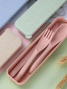 4Pcs/Set Wheat Straw Cutlery Home Camping Spoons Forks Chopsticks Tableware Travel Portable Dinnerware Kitchen Use Accessories - Multicolor - View 2