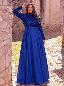 Plus Size Women's Sequin High Neck Long Sleeve Satin Evening Gown - With Rectangular Buckle Satin Belt, Floor-Length Flowing Dress - Suitable For Weddings, Formal Galas, Red Carpet Events And Upscale Parties - Royal Blue - View 4