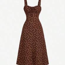 yonghongmaoyi1  MOD Vestido de longitud media con cintura fruncida y bordado floral para mujer - Multicolor - Ver 6