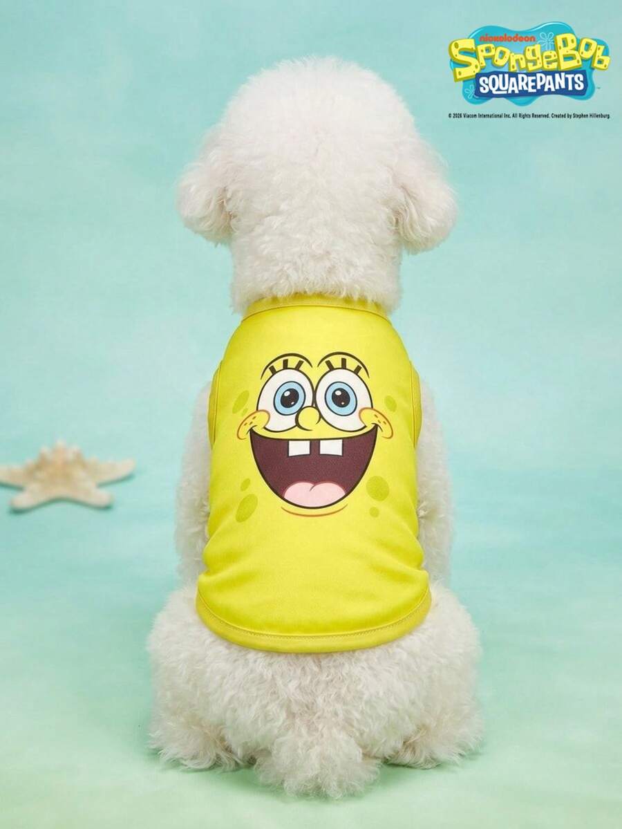SpongeBob SquarePants | PETSIN 1 Piece Cute Thick Eyebrows, Big White Eyes, Printed Teeth, Pet Vest, Soft And Breathable, Skin Friendly, Yellow Cat And Dog Pet Clothes - Yellow - View 1