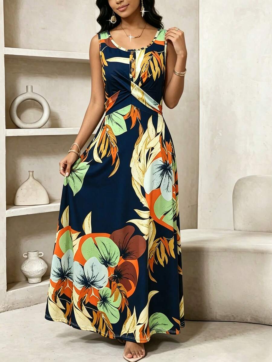 Random Floral Print Knit Fabric Criss-Cross Neck Button Down Maxi Dress, Suitable For Vacation, Daily Wear, Date, Back To School, Party, Tea Party, Summer Elegant - Multicolor - View 1