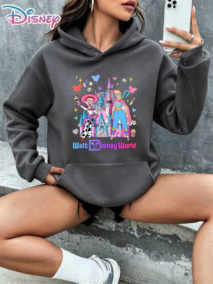 Disney Authorized Sweater, Disney Toy Story Jesse & Walter Disney World Castle Snacks Theme Pattern Printed Hoodie Women's Dress, Kangaroo Pocket - Grey - View 1
