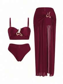 Set de 3 piezas de bikini dividido de mujer con decoración de metal de unicolor, top bandeau con tirantes ajustables y falda de cintura alta, estilo de moda para playa y resort - Burdeos - Ver 1