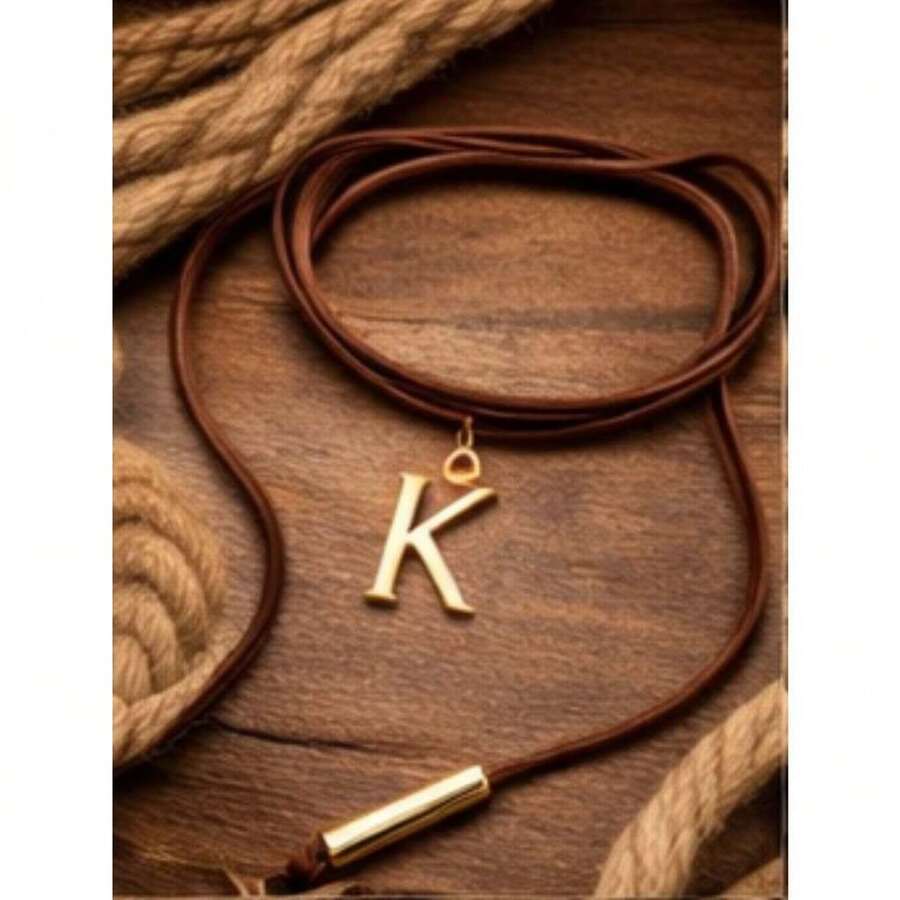 Leatherette Necklace With Personalized Letter, Gold Plated (N, Brown) - K - View 1