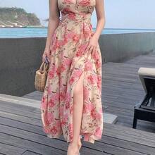 xuehuamaoyi02  Vestido de verano con estampado floral, escote en V, espalda descubierta y tirantes finos para mujer. Conjunto de ropa de crucero, vestido de playa, atuendo de vacaciones, atuendo de Pascua con estilo bohemio - Azul marino - Ver 5