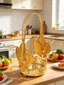 Rak Gelas Teh Logam Mewah Motif Bunga Emas dengan Baki, Rak Gelas Teh 10 Cangkir, Tempat Mug Dekoratif Motif Bunga Berongga, Cocok untuk Dapur Rumah, Kedai Kopi, dan Meja Makan - View 2