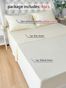 4pcs/Set, 100% Polyester, Solid Color, 35cm Deep Pocket Fitted Sheet, Bedding Set (2 Pillowcases + 1 Flat Sheet + 1 Fitted Sheet), All-Season Modern Bedding Set, Minimalist Style, Soft And Comfortable, Breathable - Goose Yellow - View 7