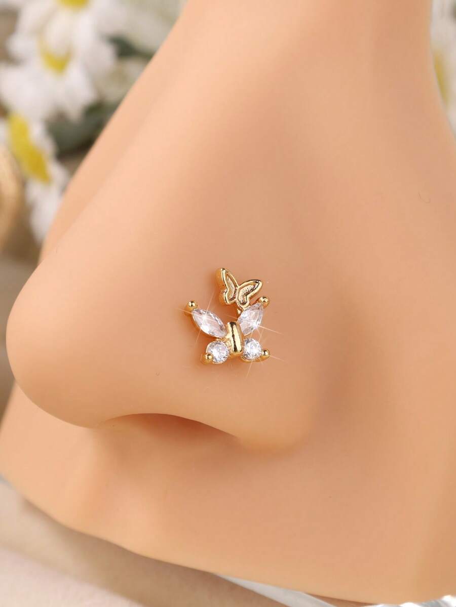 1PC Double Butterfly Nose Stud Bendable Pin Zirconia L Shape Nose Ring Dainty Piercing Jewelry For Women - L205 - View 1