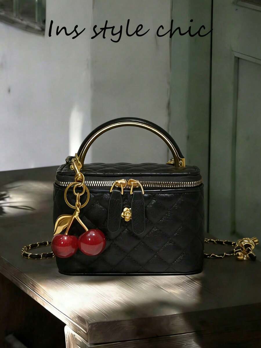 New Classic Versatile Solid Color Square Box Bag, Quilted Square Bag, Handbag, Cherry Pendant Decor Design, Zipper Closure Shoulder Bag, Metal Buckle Decor Shoulder Bag, Suitable For Travel, Shopping, Party And Date. - Black - View 1