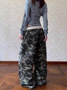 Camouflage Print Wide Leg Sweatpants - Elastic Waist Letter Graphic Loungewear Pants - Verde Oliva - Ver 4