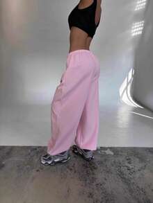 Black Oversized Wide-Leg Sweatpants, Women's High Waist Streetwear Joggers With Letter Print - 粉色 - 查看 2