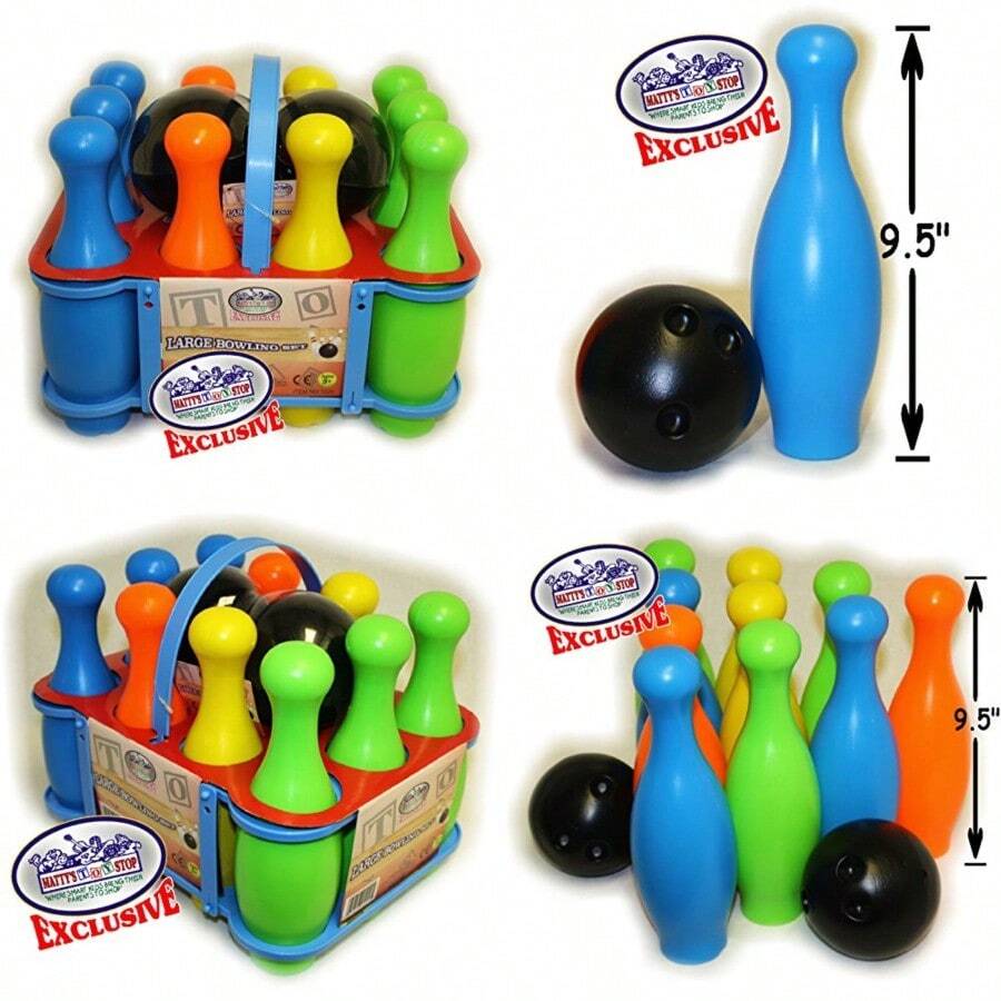 Matty's Toy Stop 10 Pin Multi-Color Deluxe Plastic Bowling Set for with Storage Rack - 12 Pieces Total 10 Pins and 2 Bowling Balls - como en la imagen - Ver 1