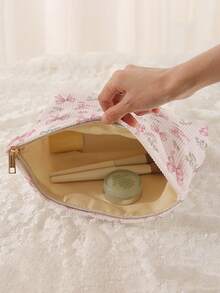 1pc Portable Cosmetic Storage Bag Bow Pattern Double-Sided Print Travel Zipper Makeup Bag Multifunctional Toiletry Organizer - Multicolor - View 3