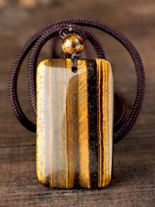 Boho Natural Tiger Eye Rectangular Pendant Necklace Hand-Knitted.Unisex Style.Perfect For Everyday And Holidays Wear.The Perfect Gift - Brown - View 4