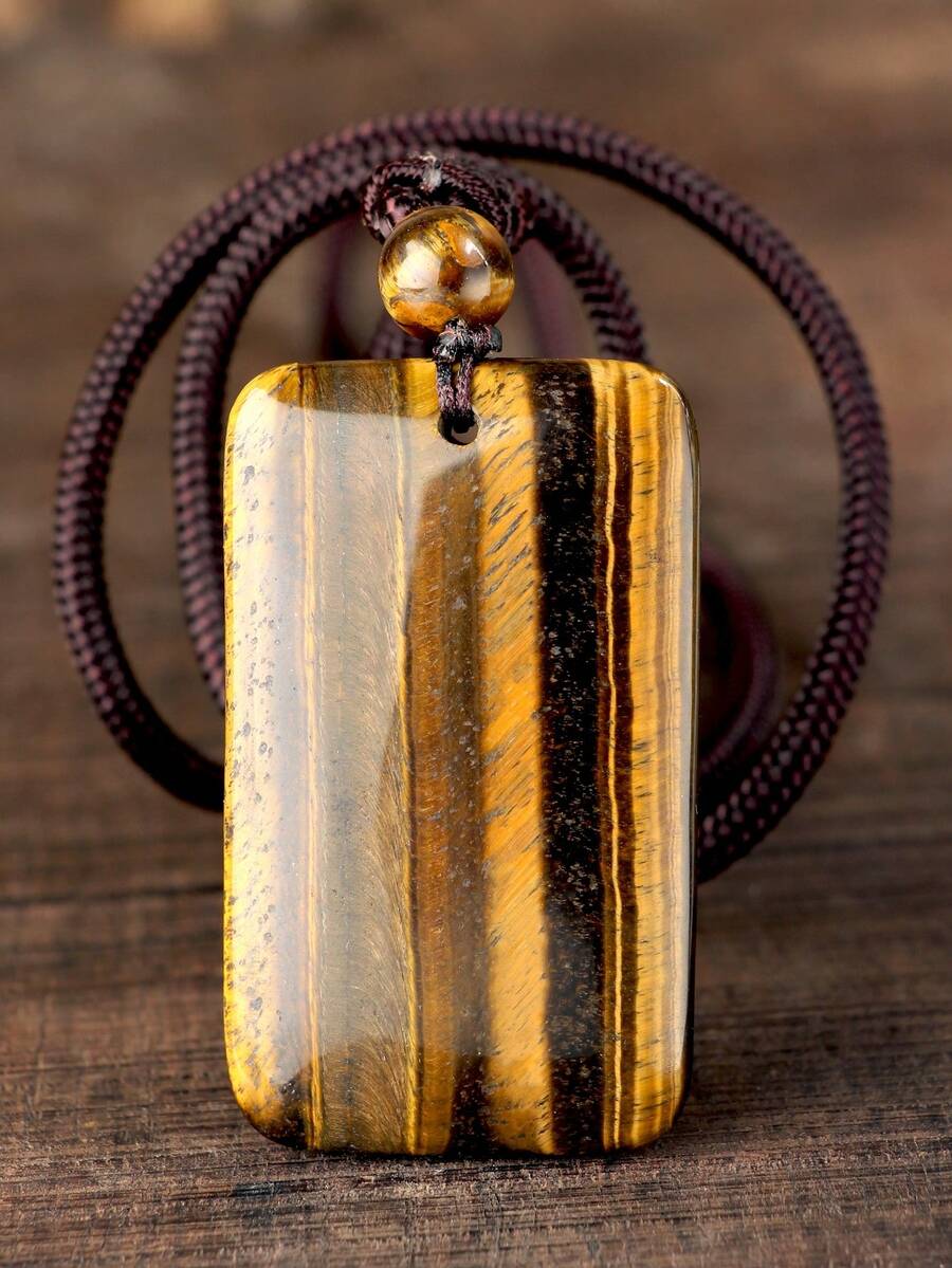 Boho Natural Tiger Eye Rectangular Pendant Necklace Hand-Knitted.Unisex Style.Perfect For Everyday And Holidays Wear.The Perfect Gift