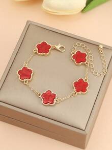 1pc Minimalist Red Five-Petal Flower & Five-Leaf Clover Bracelet, Lucky Red Bracelet, Suitable For Women - Red - View 6