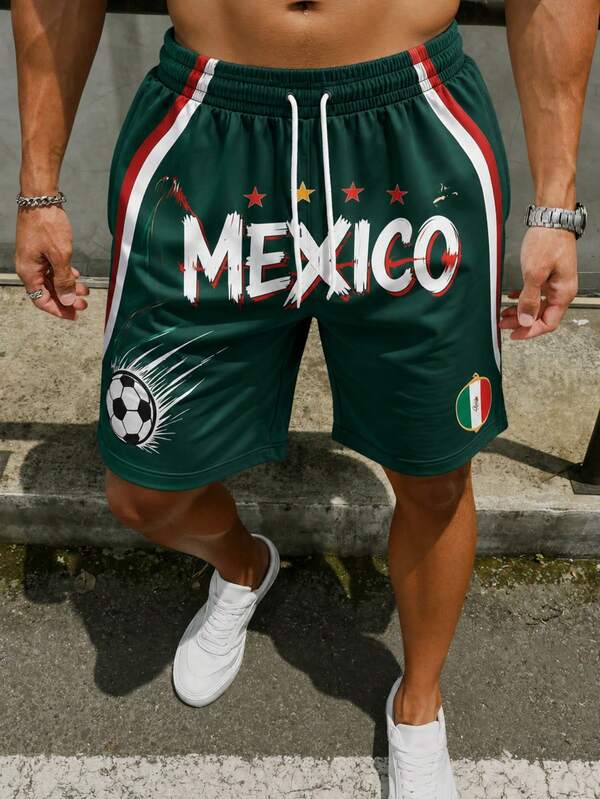  Fractyr Men's Mexico Soccer Team Graphic Athletic Shorts, Green Flag Print Streetwear Shorts, Casual Elastic Waist Sports Shorts For Summer