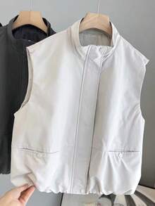 1pc Women's Solid Color Knit Fabric Zipper Button Vest Jacket, Daily College Style Spring/Summer Travel With Pockets Stand Collar - Beige - View 3