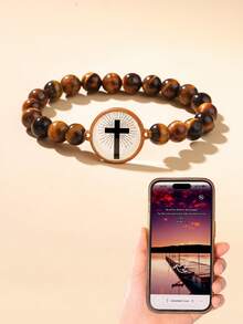 1pc Men's Fashion Beaded Tiger Eye NFC Cross Religious Faith Bracelet - Yellow - View 1