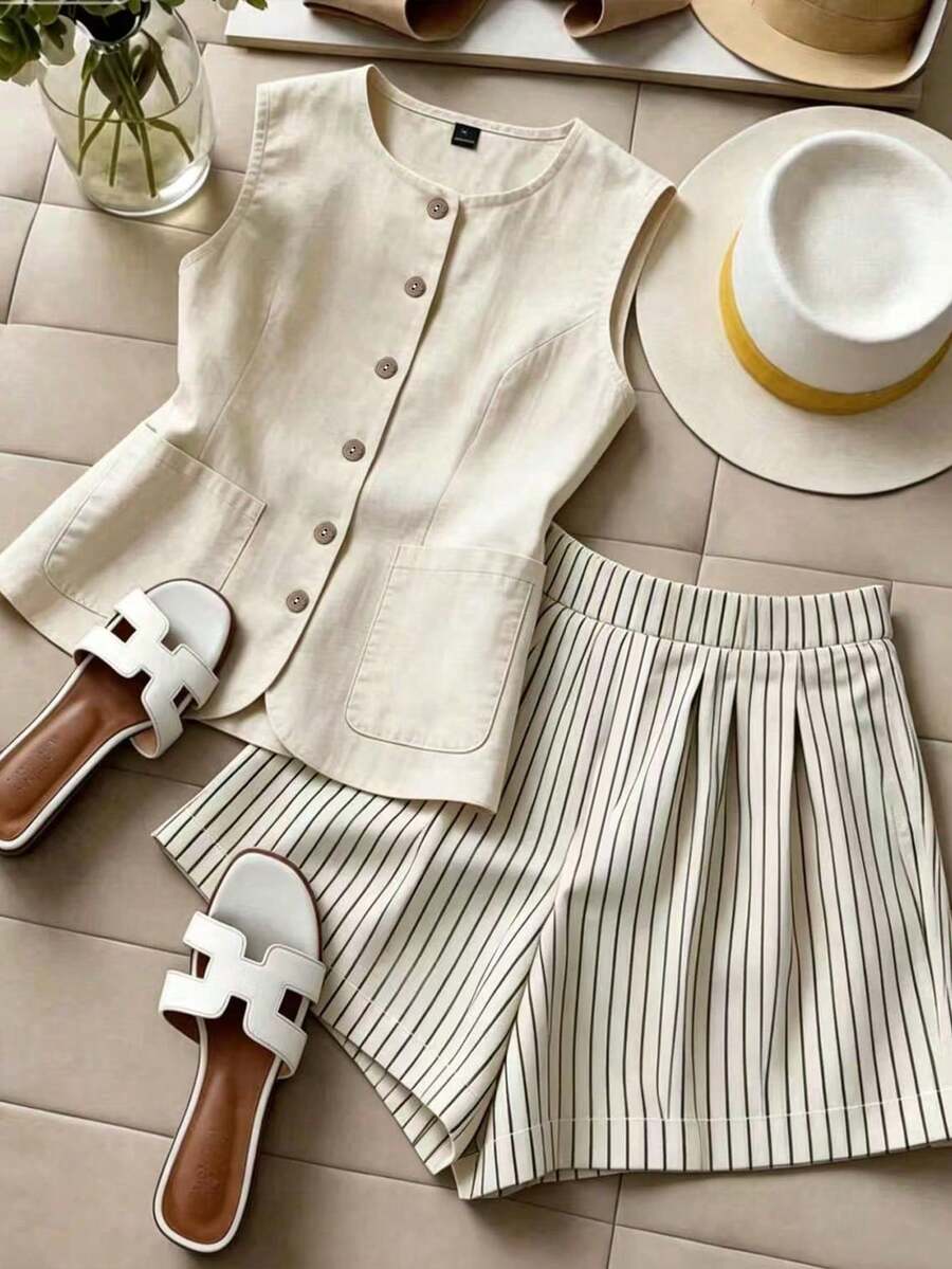 Qadelle Conjunto de 2 piezas de mujer tejido a rayas de estilo elegante para el verano - Albaricoque 2 - Ver 1
