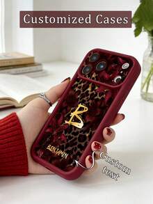 1pc Customized Letter Name, Red Lily & Gold Leopard Print Patchwork TPU Edge Thickened Shockproof Protective Phone Case Compatible With Apple 17ProMax/16 Pro Max/15Pro/14 Plus/13 Pro/12 Pro Max/11/XsMax/8/7 Phone Accessories Protective Case - Burgundy - View 6