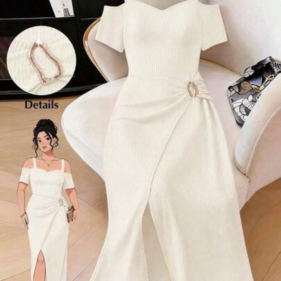 yonghongmaoyi1 Vestido elegante de talla grande con hombros descubiertos y abertura en la cintura, para verano - Albaricoque - Ver 1