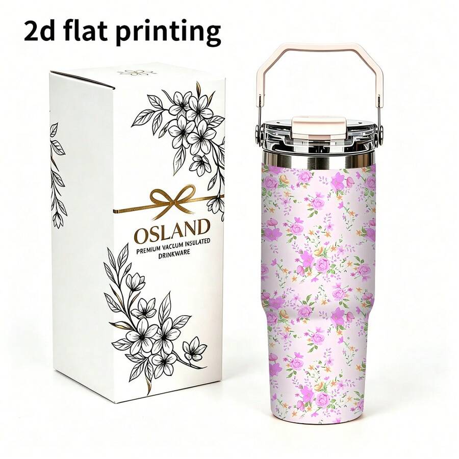 1pc/5pcs 30oz Stainless Steel Insulated Travel Mug With Handle, Macaron Pink Ditsy Floral, Leak-Proof Flip Lid, For Iced Coffee, Juice, Oat Milk, Photo Props, Birthday & Holiday Gift For Girlfriend/Boyfriend - Multicolor - View 1