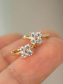 1 Pair Women's Simple Elegant Versatile Small Flower Zirconia Stud Earrings, Suitable For Daily Commute Wear, Also A Great Gift Choice For Close Friends - Yellow Gold - View 6