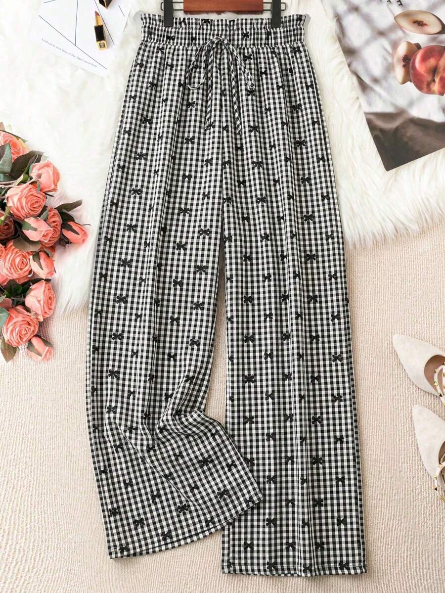Retro Plus Size Women'S Valentine'S Day Allover Print Woven Wide Leg Pants, Regular Fit Casual Trousers, Summer, Rave, Spring Break, Boho Fall Cloth For Women Capri For Women Beach Outfit For Woman Y2K Clothing Women - 黑與白 - 查看 1