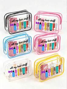 PVC 化妝包，印有髮飾圖案與「All My Hair Stuff」字樣，防水盥洗包，多功能化妝包，可收納髮夾、髮圈等，紅色墊層便攜收納包，化妝包，護膚包，旅行必備，宿舍用品，浴室收納，珠寶收納 - 彩色 - 查看 3
