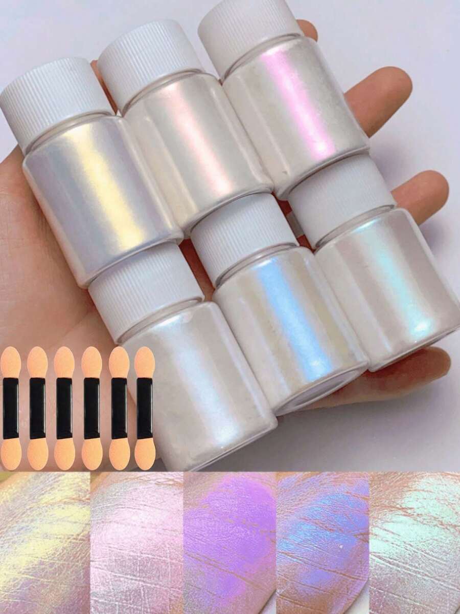 6瓶白色珍珠極光美甲粉套組,變色多色漸層幻彩人魚亮片半透明光澤美甲裝飾,適用於美甲店DIY創意設計,優雅超亮夢幻色調,女性女孩禮品套組,含6件調色工具(10g/瓶) - 彩色 - 查看 1