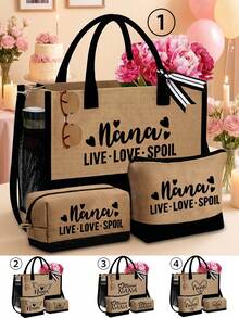 Nana Love 3件組亞麻托特包套裝，印有 Nana Love 字母圖案，時尚包款，小錢包，高地牛圖案豹紋蝴蝶結，大容量托特包，通勤托特包 + 收納包，教會活動禮物，大容量設計，側面水壺網袋，方便放置聖經、筆記本電腦、水壺、雨傘等 - 彩色 - 查看 2