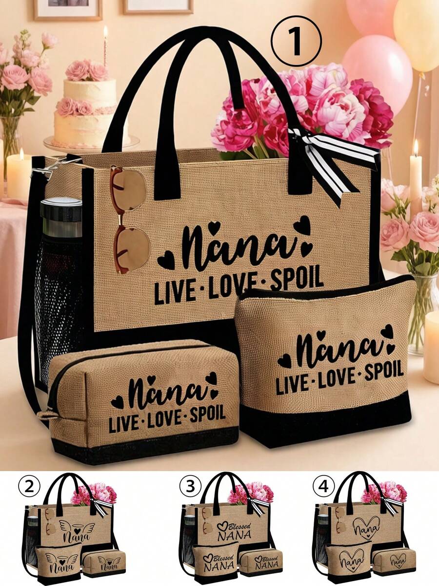 Nana Love 3件組亞麻托特包套裝，印有 Nana Love 字母圖案，時尚包款，小錢包，高地牛圖案豹紋蝴蝶結，大容量托特包，通勤托特包 + 收納包，教會活動禮物，大容量設計，側面水壺網袋，方便放置聖經、筆記本電腦、水壺、雨傘等