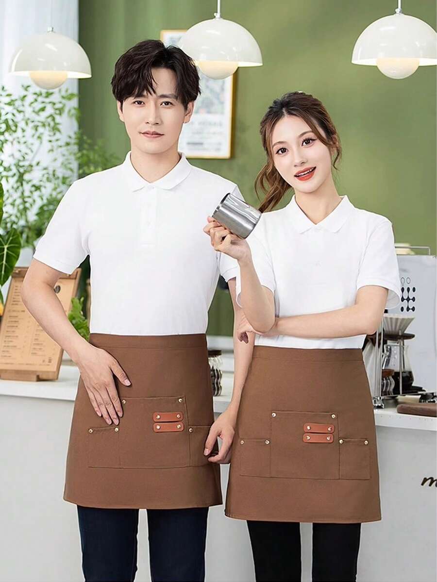 1件短腰圍圍裙附多口袋,中性服務員半身圍裙適用於咖啡師、服務生、女服務生、咖啡店、餐廳、廚房、咖啡館工作,可調節棉帆布圍裙適用於男士女士,棕色/黑色/米色 - 多口袋圍裙 - 查看 1