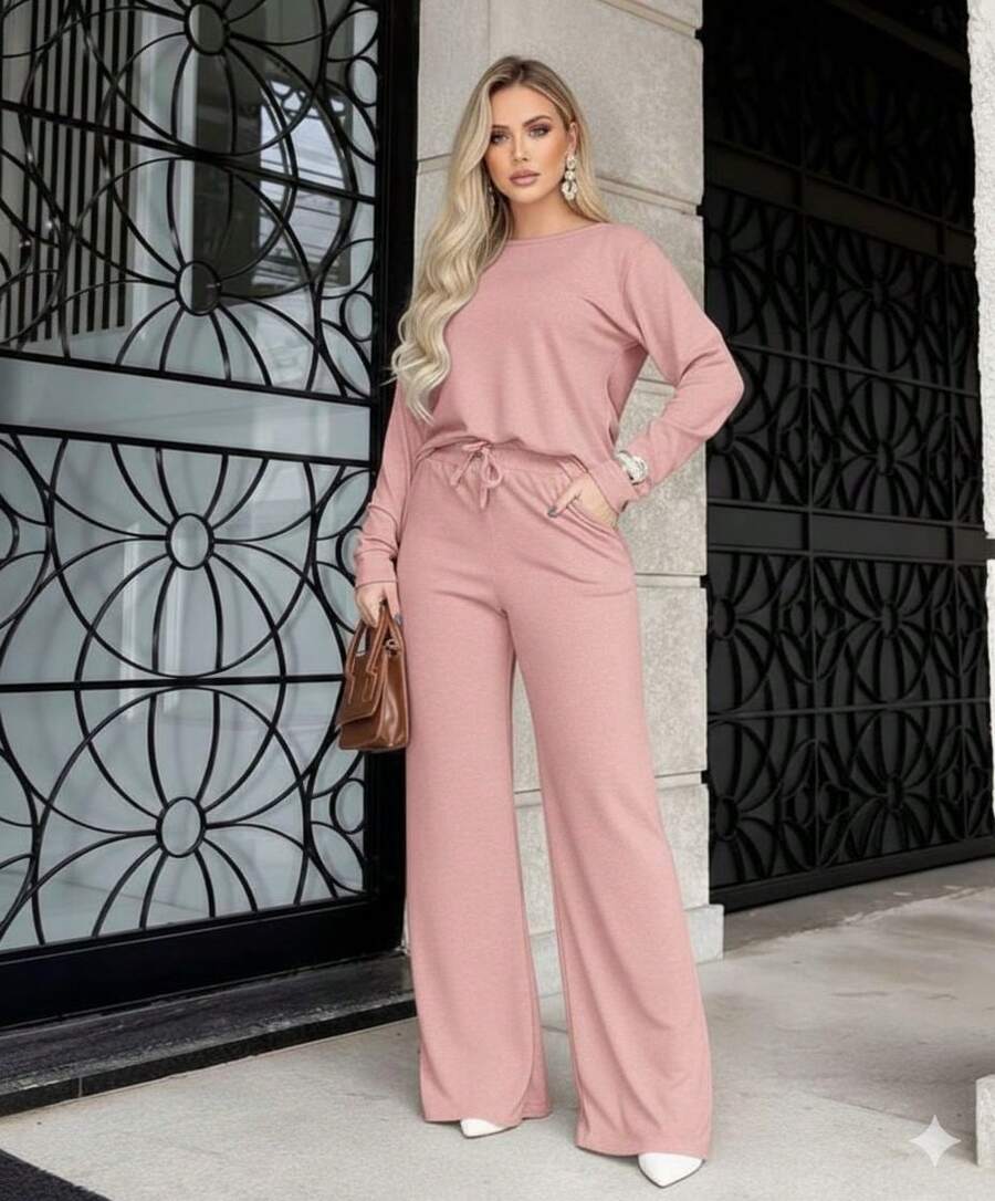 Women's Winter Set With Wide-Leg Pants - Rusty Rose - View 1
