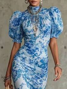 Elegant French Retro Style Chiffon Fishtail Dress For Vacation - 藍色 - 查看 2