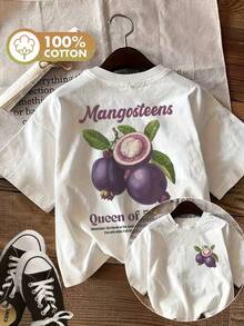 Minimalist. 100% Cotton. 1 Piece. [Double-Sided Printing]Women's Summer Casual Top, Vintage Style, Mangosteen Leaf Print, Pure Cotton Round Neck Short-Sleeved T-Shirt With Mangosteens Queen Of Fruits Print. Spring Summer Top. - 白色 - 查看 1