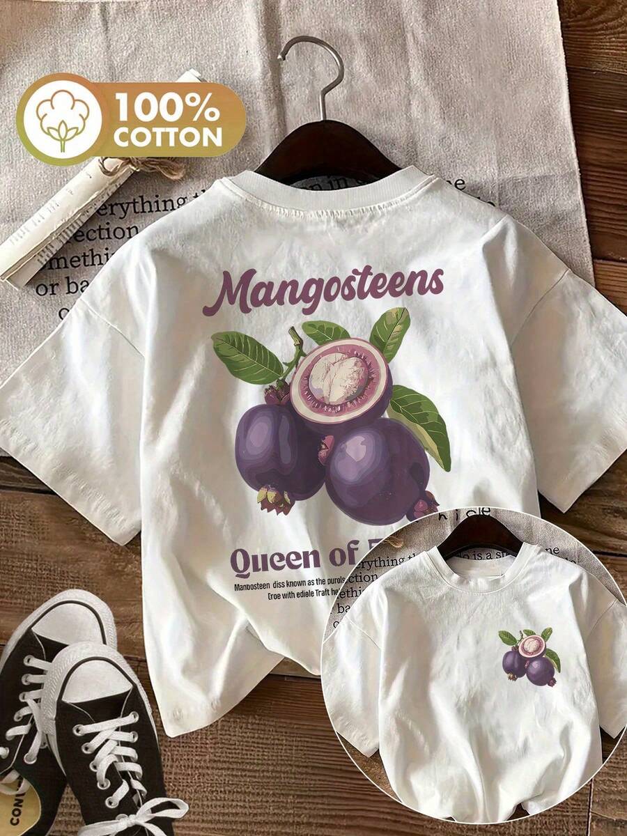 Minimalist. 100% Cotton. 1 Piece. [Double-Sided Printing]Women's Summer Casual Top, Vintage Style, Mangosteen Leaf Print, Pure Cotton Round Neck Short-Sleeved T-Shirt With Mangosteens Queen Of Fruits Print. Spring Summer Top. - 白色 - 查看 1
