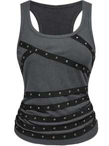 Womens Rivets Studded Halter Neck Plunge Cami Top Self-Tie Spaghetti Straps V-Neck Cut Out Front Crop Tank Top Camisole Vest Y2K Streetwear Party Tops - F208317-灰色 - 查看 2