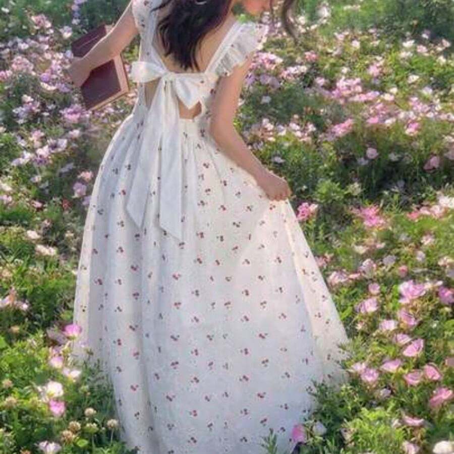 jianchaimaoyi02  MOD Vestido con espalda abierta, mangas con volantes, bordado con diseño de cerezas blancas y rojas, falda acampanada con pliegues y lazo - Estilo lindo, para citas, fiestas, uso en verano y primavera, vacaciones, picnics, festivales, cumpleaños - Blanco - Ver 1