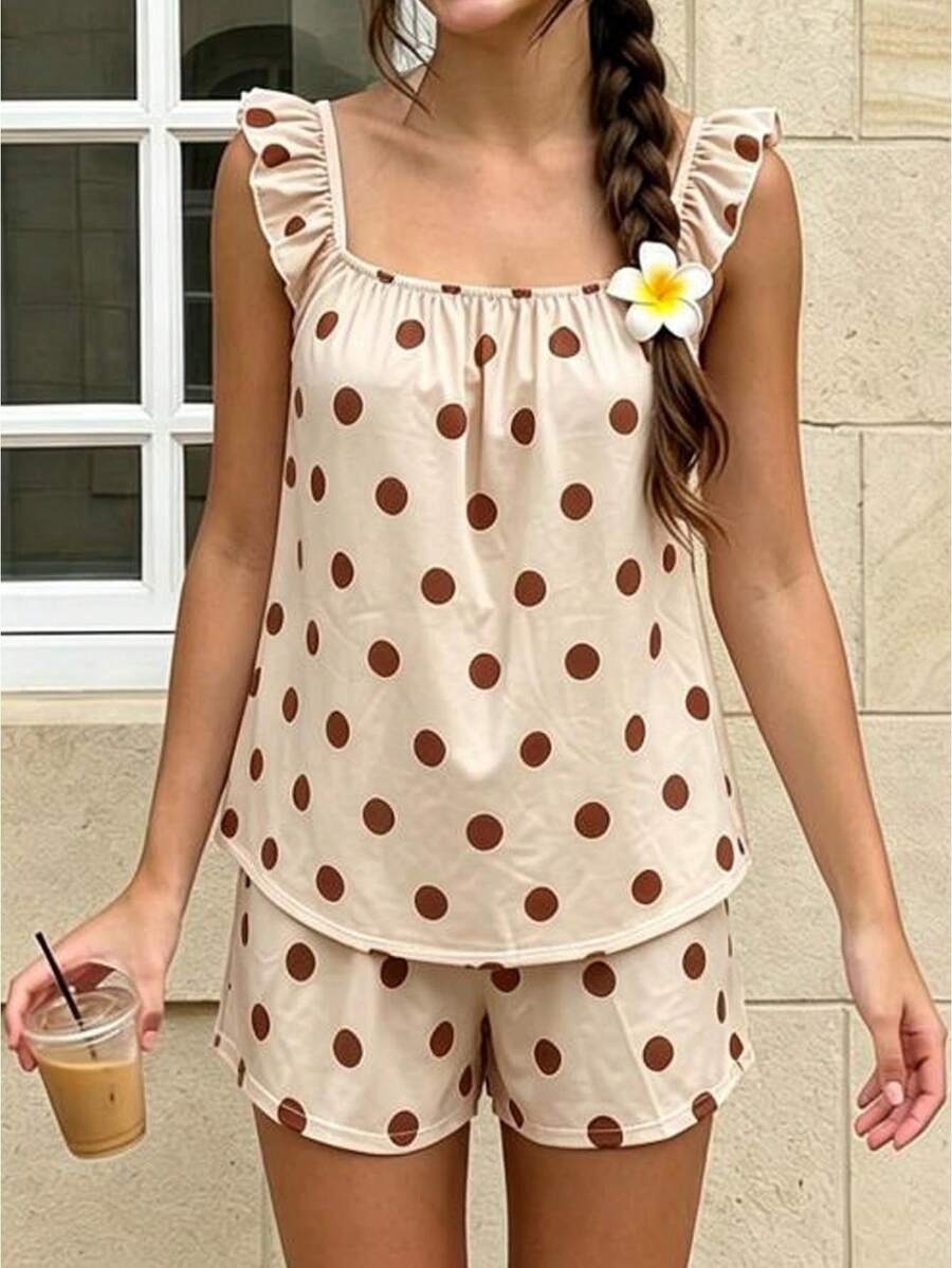 Womens 2 Piece Pajamas Set Cute Ruffle Sleeveless Dots Print Tops + Shorts Set Lounge Clothes - Beige - View 1